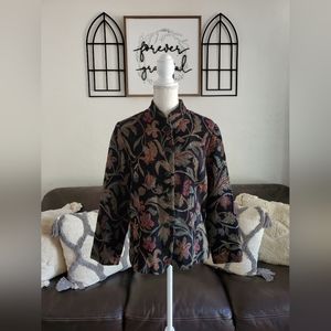 Vintage Black Colorful Floral Tapestry Button Up Blazer Size M Classic Boho Chic